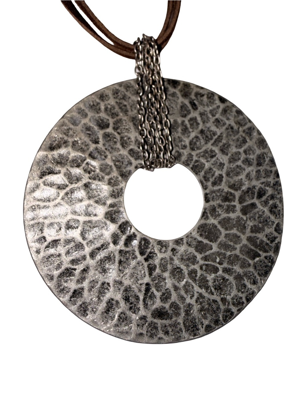 Reversible Textured Circle Pendant Necklace | Brown Multi-Strand Cord | Gunmetal - Picture 4 of 13